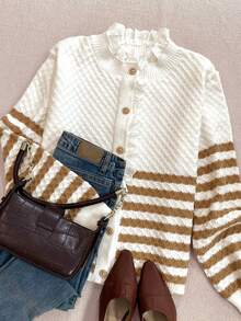 Women's Autumn/Winter Casual Loose Fit Versatile Lace Patchwork Striped Colorblock Button Knit Cardigan - White - View 5