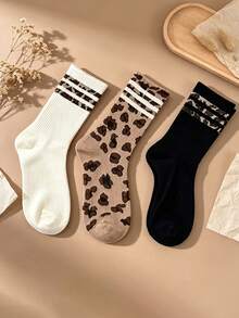 3 Pairs Women's Leopard Print Mid-Calf Socks, Vintage Leopard Stripe Ribbed Knit Socks, Y2K Street Style Fashion Socks - Multicolor - View 3