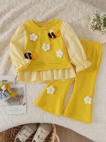 2pcs Baby Girl Casual Cute 3D Knit Flower Yellow Ribbed Ribbed Top And Flared Long Pants Set, Thin Spring/Autumn - Yellow - View 1