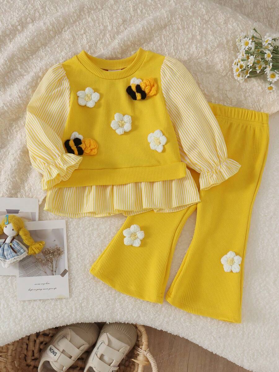 2pcs Baby Girl Casual Cute 3D Knit Flower Yellow Ribbed Ribbed Top And Flared Long Pants Set, Thin Spring/Autumn - Yellow - View 1