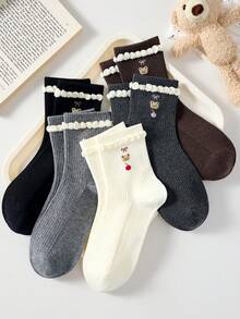 4 Pairs Women's Cute Sweet Breathable Bear Bow Cherry Pattern Short Socks, White Black Casual Comfortable Mid-Calf Socks, School Style Student Socks Gift, Random Color, Suitable For Daily Wear, Spring Summer Autumn Winter All Seasons - Multicolor - View 3