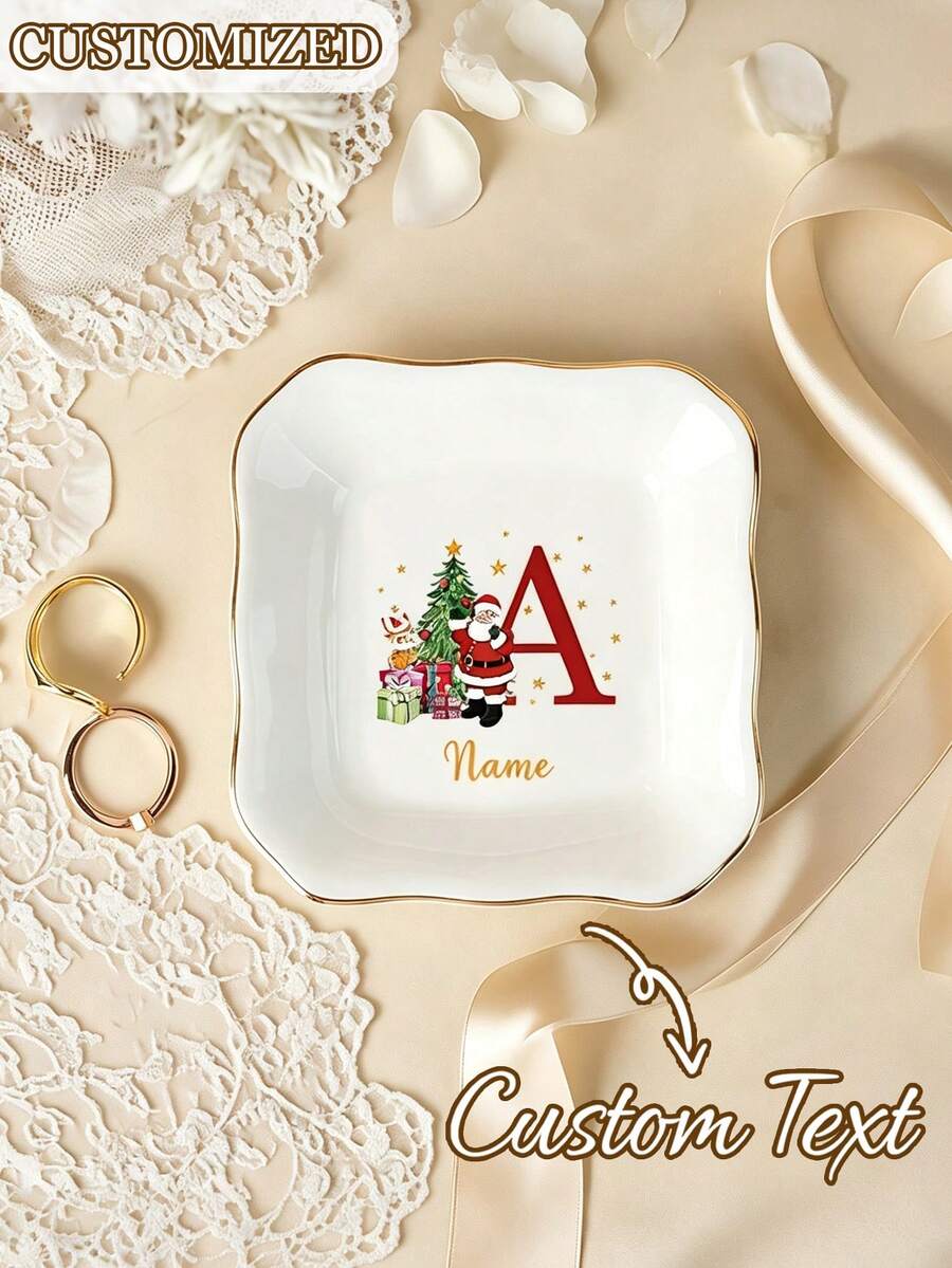 Customized Name, 26 Letters, Santa Claus/Christmas Tree Print Pattern, Ceramic Jewelry Dish, Suitable For Bedroom, Desk, Vanity, Home Decor, Small Item Tray, Christmas Party Decoration, Christmas Gift, Gift For Family And Friends - Multicolor - View 1