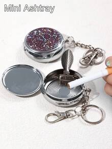 BLBLBL 1pc Multi-Color Shiny Cute Luxury Portable Sealed Round Flip Lid Metal Body Mini Ashtray With Keychain, Made Of A-Grade Artificial Rhinestones, Suitable For Daily Use Hanging On Bags And Keychains - Diamond Version - View 1