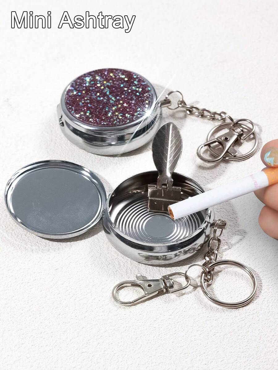 BLBLBL 1pc Multi-Color Shiny Cute Luxury Portable Sealed Round Flip Lid Metal Body Mini Ashtray With Keychain, Made Of A-Grade Artificial Rhinestones, Suitable For Daily Use Hanging On Bags And Keychains - Diamond Version - View 1