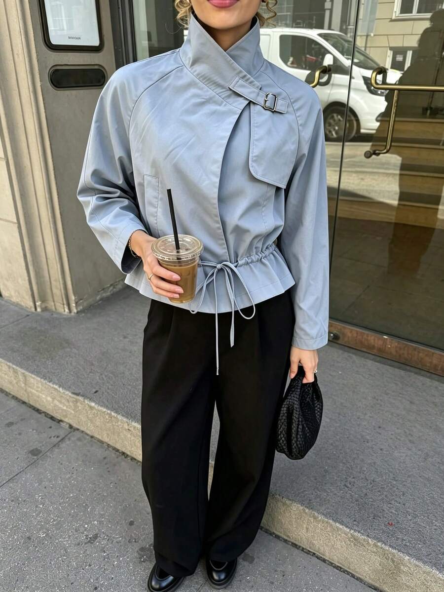 Women Stand Collar Buckle Detail Drawstring Waist Cropped Jacket, Fall Long Sleeve Casual Outerwear