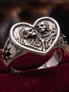 1pc Unisex Vintage Oxidized Silver Heart Shaped Double Skull Bone Signet Ring, G Retro Dark Alternative Jewelry For Daily Wear Halloween Party Biker - Silver - View 2