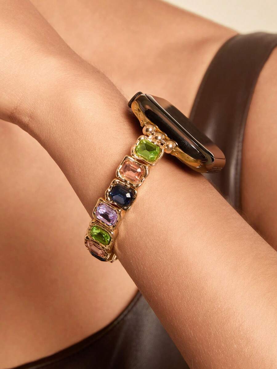 Altistry 1pc Compatible With AppleWatch Band, Women's Fashion Colorful Square Glass Diamond Metal Elastic Cord Strap - Gold - View 1