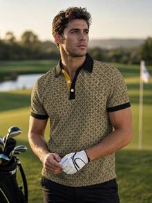 KOVSEE Men's Khaki Short Sleeve Golf Polo Shirt, Vintage Argyle All-Over Print, Black Contrast Collar And Cuffs Design, Retro Style, Suitable For Golf And Casual Wear - Khaki - View 1