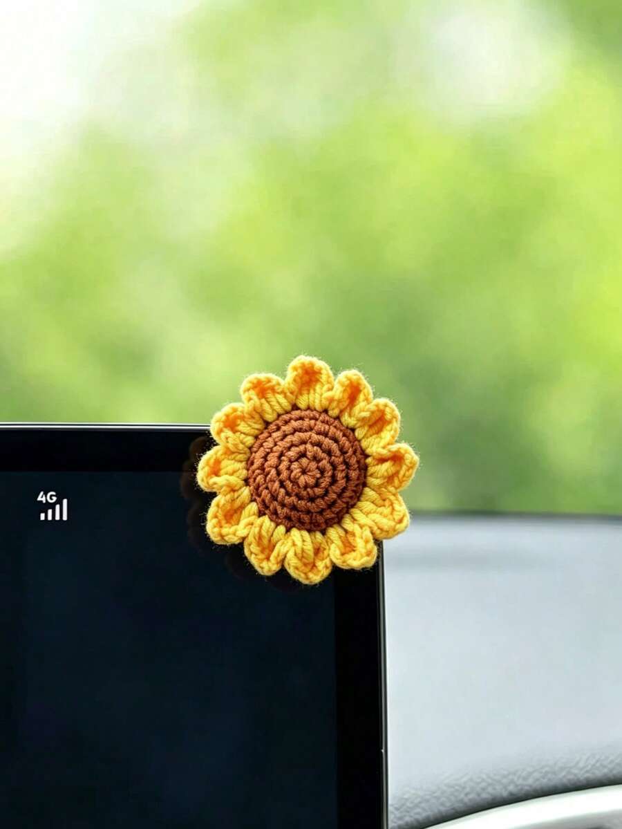 1pc Handmade Woven Sunflower Car Rearview Mirror Dashboard Display Screen Decoration Ornament, Car Interior Decor - A - View 1