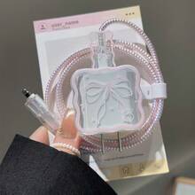 與閨蜜同款粉色白色蝴蝶結數據線保護套，適用於 Apple 18W / 20W 充電器保護套 - 20w粉白絲帶蝴蝶結 - 查看 3