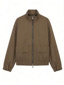 New Vintage Plaid Print Zip-Up Bomber Jacket, Spring/Summer - Khaki - View 3