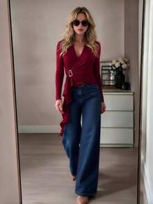 Women Casual Small V Neck Top Side Ruffle Tie For Fall Apparel Daily Commuting Going Out Dating - Burgundy - View 6