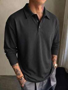 Blueprint Man 1pc Men's Black Long Sleeve Polo Shirt, Classic Turn-Down Collar With Half-Button Placket Henley Neck Design, Faux Linen Fabric, Comfortable And Fresh, Solid Color Minimalist Style, Suitable For Commute And Daily Wear, Old Money Style - Black - View 2