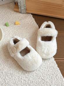 Girls' Thermal Lined Mary Jane Shoes, Autumn/Winter Baby Shoes With Hook-And-Loop, Soft Sole, Warm Plush Children's Shoes - Beige - View 1