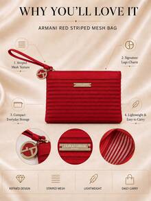 Giorgio Armani Armani Red Striped Mesh Bag, 16*11.5cm, Single Piece, Lightweight With Wrist Strap, Daily Use, Storage For Small Makeup Items - Red - View 5