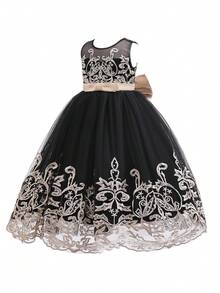 Young Girls' Sleeveless Sequin Mesh Big Bow Embroidered Puffy Dress, High-End, Suitable For Flower Girl Wedding, Birthday Party, Stage Performance And Other Important Occasions, Also Suitable For Various Important Festivals. - Black - View 6