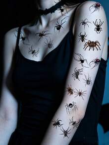 10 Sheets/Pack Spider Pattern Tattoo Stickers For Halloween Party Body Decor, Waterproof Spider Web Temporary Tattoos For Women Men, Halloween Cosplay Face, Neck, Arm And Body Stickers Fake Tattoo - Black - View 3