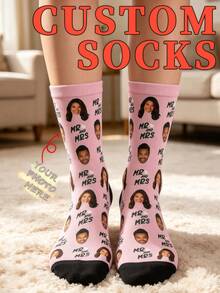 Custom Romantic Love Wedding Crew Socks, Heart Frame,Mr And Mrs,Couple Stick‑Figure Print Pink Mid‑Calf Socks,Gift Socks For Women - Pink - View 10