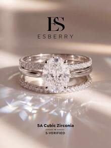ESBERRY 3pcs High Shine Cubic Zirconia Oval Decor Women's Wedding Ring, Valentine's Day/Engagement Gift - Diamond Four-claw Three-set Ring - View 1