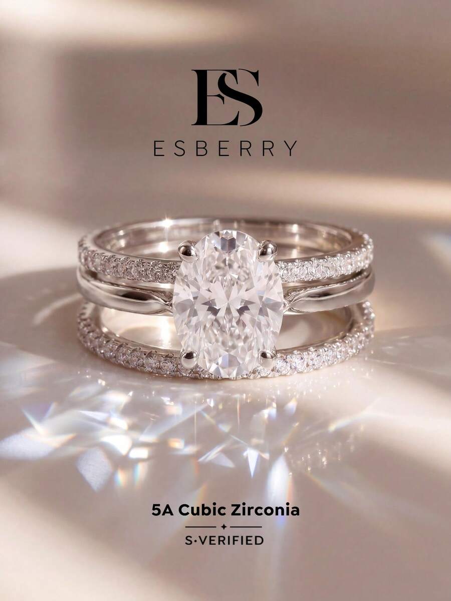 ESBERRY 3pcs High Shine Cubic Zirconia Oval Decor Women's Wedding Ring, Valentine's Day/Engagement Gift - Diamond Four-claw Three-set Ring - View 1