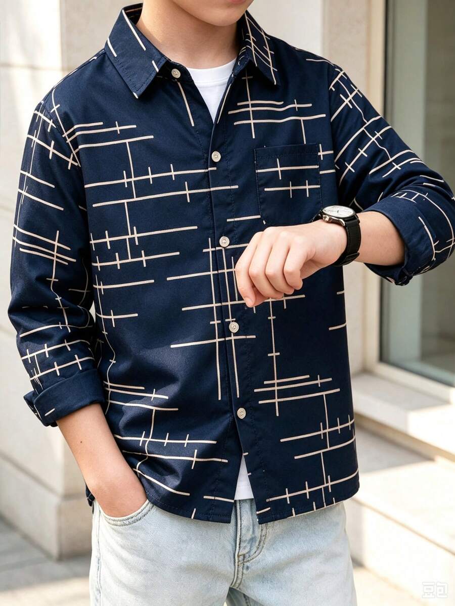 Tween Boy 休闲不对称条纹长袖衬衫,带口袋,适合正式场合、聚会和表演 - 彩色 - 查看 1
