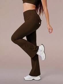 6pecil High Waist Flare Yoga Pants With Pockets, Ruched Butt-Flattering Flare Leggings, Tummy Control Anti-Wrinkle Design Sports Flare Pants - Chocolate Brown - View 6