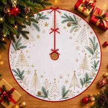 1 buah Alas Pohon Natal Motif Pohon Pinus Garis Tipis Emas, Dekorasi Liburan Warna Elegan, 5 Ukuran, Hadiah Liburan Unisex, Cocok Untuk Dekorasi Natal di Rumah dan Pesta - Garis-garis emas halus membingkai pohon pinus. - View 1