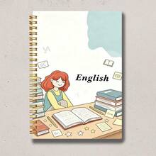 دفتر ملاحظات سلكي A5 بموضوع إنجليزي، غلاف صلب بتصميم فتاة تتعلم مع كومة كتب ورسومات خربشة، دفتر يوميات بأسلاك ذهبية جمالية، قرطاسية لتعلم اللغة الإنجليزية، هدية لكتابة ملاحظات الطلاب - بسيط - مشاهدة 7
