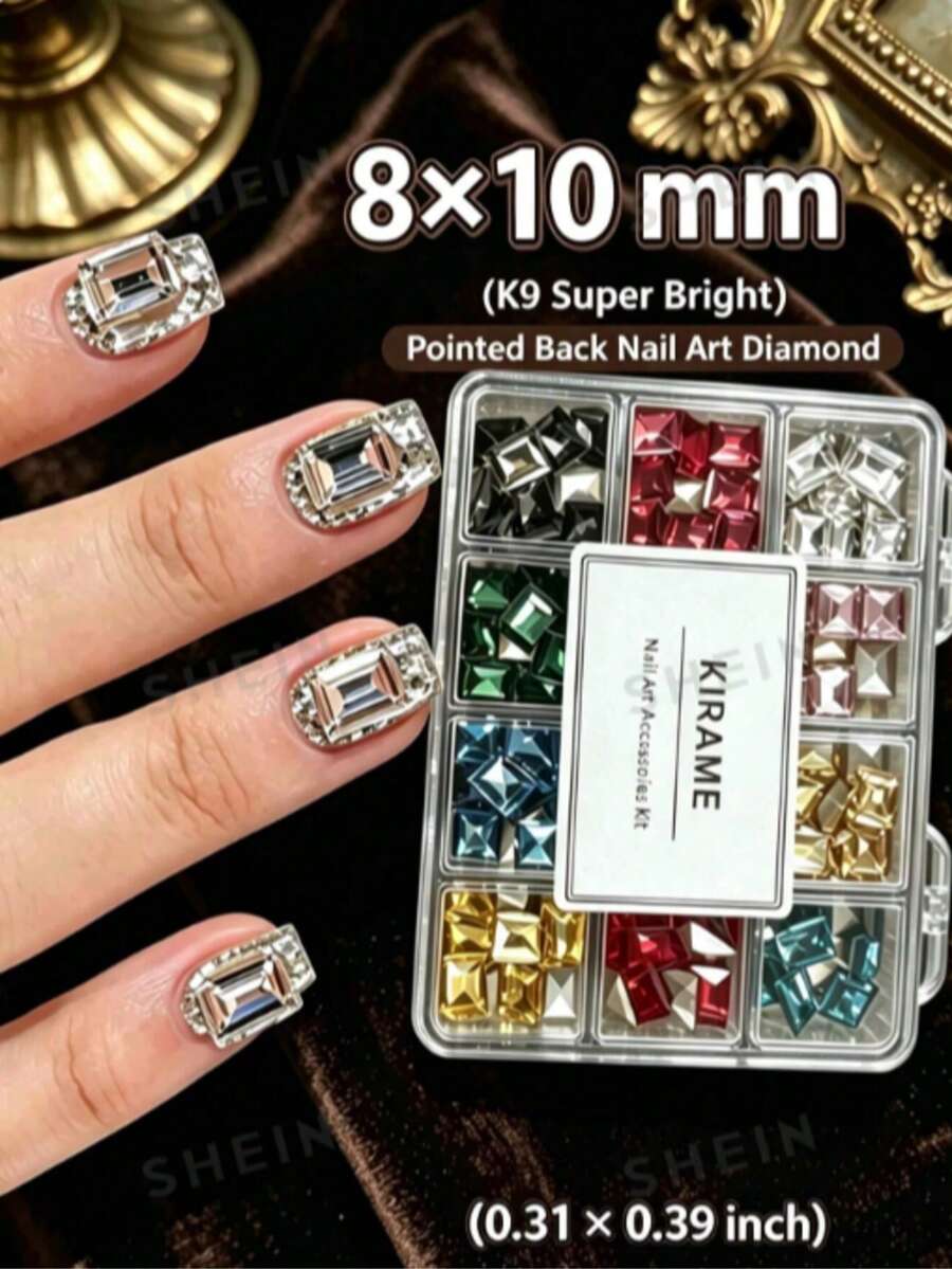 120pcs Rectangular, Ultra-Sparkly, Mixed-Color Nail Rhinestones, Suitable For DIY Home Manicures, Salon Use, And Nail Art Decoration; Perfect For Creating Christmas, Summer, And Travel-Themed Nail Designs, And Makes An Ideal Holiday Gift. - Multicolor - View 1