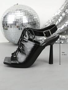 Women's Square Toe Lace-Up Back Strap Stiletto High Heel Sandals, Black Party High Heels - Black - View 4