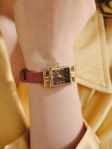 Opalesca 1pc Women's Quartz Watch, Fashionable Minimalist Classic Rectangular Small Dial, Vintage British Style, Niche Luxury Fashion Quartz Watch - Red - View 4