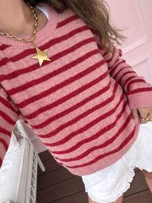 Set Musim Dingin Wanita, Sweater Leher Bulat Bergaris Blok Warna Vintage, Atasan Rajut Longgar Lembut dengan Bahu Jatuh - Berwarna merah muda - View 3
