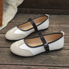 Women's Vintage Colorblock Fine Plaid Solid Color Round Toe Single Strap Flat Low-Cut Mary Jane Shoes, French Style Daily Commute Spring Autumn Beige Fabric - White - View 8