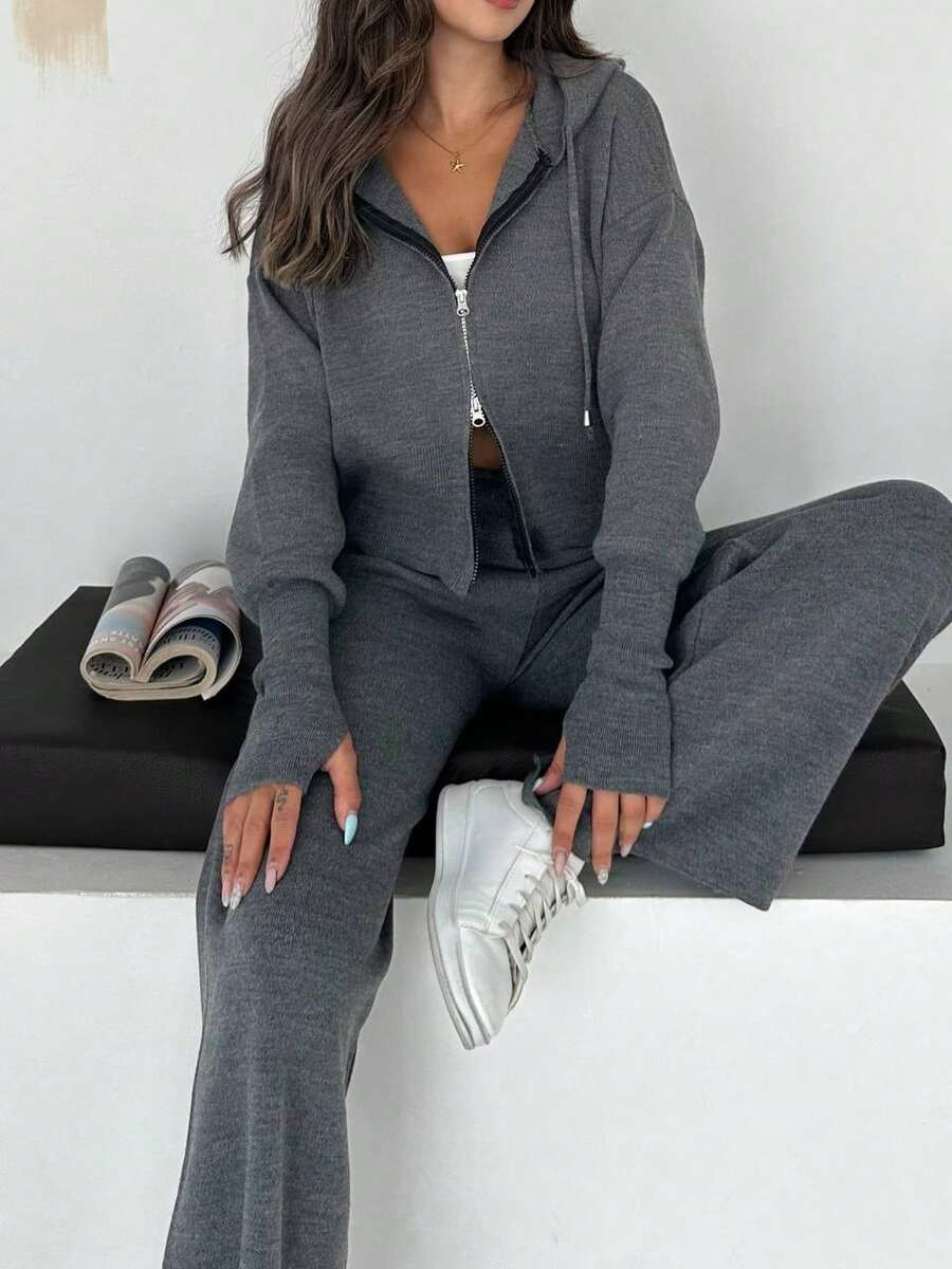 Knitwear Two Pieces; Cozy Ribbed Knit Co-Ords Ribbed Two Pieces Set– Long Sleeve Pullover And Relaxed Wide-Leg Pants Knit Two Pieces,Autumn/ Winter