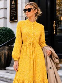 Women's A-Line Floral Maxi Dress With Long Sleeves - Yellow - View 5