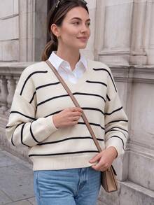 JIANHU Women's Striped V-Neck Pullover Sweater, Long Sleeve Contrast Striped, Winter Holiday Casual Wear - White - View 3