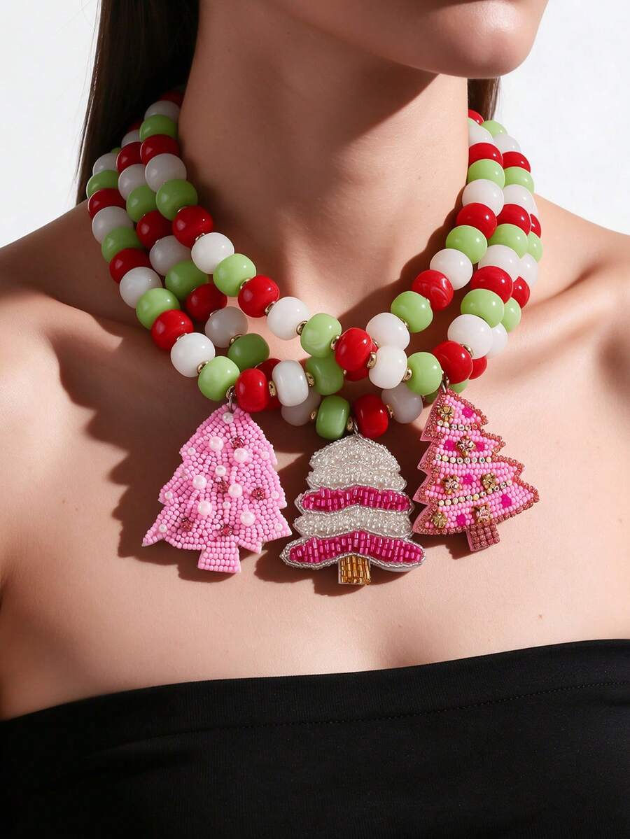 Women Christmas Beaded Choker Necklace, Candy Color Bead Chain With Hand‑Mixed Seed‑Bead Christmas Tree Pendant, Xmas Holiday Party Jewelry - Multicolor - View 1