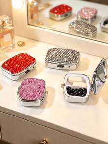 Sparkly Rhinestone Mini Jewelry Box With Mirror,2 Compartment Mini Portable Pill Box,Portable Travel Jewellery Storage Case,Ring Earring Storage Box For Women,Fits In Wallet Or Pocket,Suitable For Travel,School,Gifting,Holiday Gifts, Birthday Gifts - Multicolor - View 7