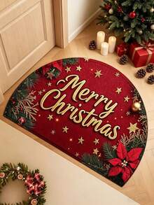 1pc Gold Merry Christmas Cursive Semi-Circle Rug, Plush Doormat, Small Rug, Welcome Mat, Carpet, Floor Mat, Outdoor Doormat, Kitchen Rug, Home Decor, Front Door Mat, Area Rug, Outdoor Mat, Home Decor, Area Carpet, Garden Rug, Washable Rug - Multicolor - View 3