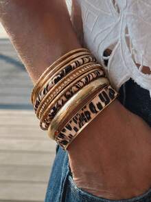 10pcs Leopard Print Gold Bracelet Set, Rhinestone Studded Stackable Bracelets, Fashionable Layered Women's Jewelry, Suitable For Party And Daily Wear - Multicolor - View 4
