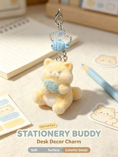 2pcs Cute Flocking Cat Keychain Soft Plush Kitten Bag Charm With Blue Fish Pendant Aesthetic Cartoon Animal Key Ring For Backpack Handbag Decor