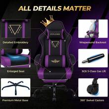 Fabric Gaming Chair With Footrest, Ergonomic Computer Desk Chair With Pocket Spring Cushion Home Office High Back Lumbar Support Heavy Duty Wide - Purple - View 6