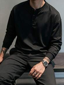 Men's Henley Collar Long Sleeve T-Shirt, Casual Loose Fit, With Button Placket, Daily Basic - Black - View 2