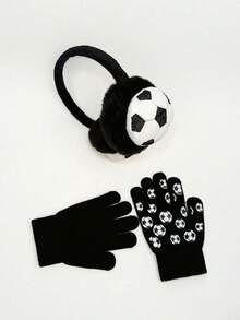2pcs Children's Football-Shaped Plush Earmuffs And Gloves Set, Warm And Protective Ear-Knitting Gloves, Suitable For Winter And Outdoor Use - Multicolor - View 7