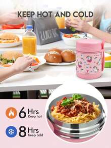 Meoky 10盎司不鏽鋼真空保溫食物罐，適用於熱食或冷食，寬口午餐容器附湯匙，保溫10小時、保冷16小時，防漏，適合學校、辦公室、旅行或居家使用 - 粉紅白色 - 查看 3