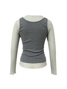 Women's Fitted Camisole Tank Top With Polka Dot Ruffle Trim And Long Sleeve T-Shirt Layering Fashion 2-Piece Set - Grey - View 10
