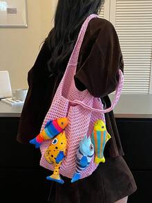 Colorful Fabric Tote Bag With Fish Plush Doll Decor, Large Capacity For Beach Essentials, Open Top Closure, Vacation Mori Style, Women's Woven Tote Bag, Suitable For Beach Trips, Daily Shopping, Casual Vibe For Girls - Pink - View 4