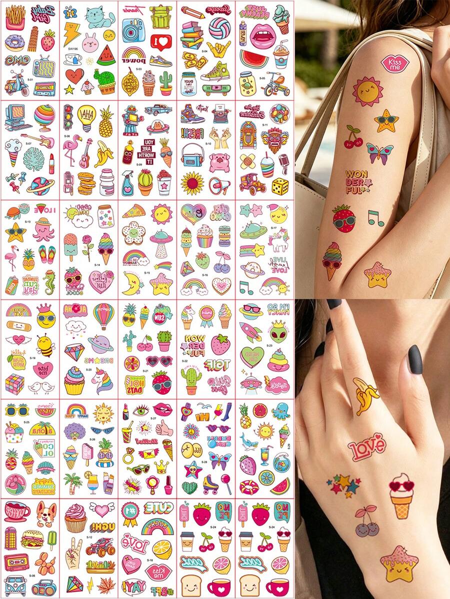 30 Sheets Cartoon Temporary Tattoos For Children, French Fries, Desserts, Donuts, Fruits, Strawberries Cute Pattern Tattoo Stickers For Hand, Face And Body Decor, Suitable For Birthday Party Gifts Holiday Body Art, Fake Tattoo Waterproof - Multicolor - View 1