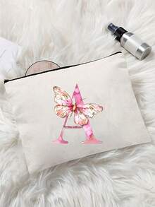 Pink Butterfly Letter A-Z Print White Makeup Bag, Gift For Girls, Cute Vintage Minimalist Fashion Letter Pattern Printed Storage Bag, Cosmetic Pouch, Storage Bag, Makeup Organizer Bag, Toiletry Bag, Clutch, Lightweight Foldable Storage Bag, Simple Shopping Bag, Teacher Gift Clutch, Nurse, Doctor, Teacher Storage Bag, Suitable For Personal Travel Cosmetic Storage - Multicolor - View 9
