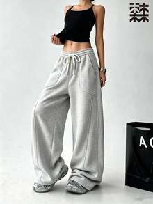 mulinsen Women's Heather Gray Curved Seam Loose Fit Sweatpants, Elastic Drawstring Waist, Casual Athletic Pants - Light Grey - View 2